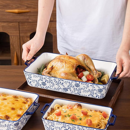 Ceramic Bakeware Set - Casserole Dish Baking Dishes for Oven - Rectangular Lasagna Pans with Handles for Kitchen Cooking - Microwave & Dishwasher Safe - Set of 3 (15.1''/13.6''/9.9'') - Blue - Image 2