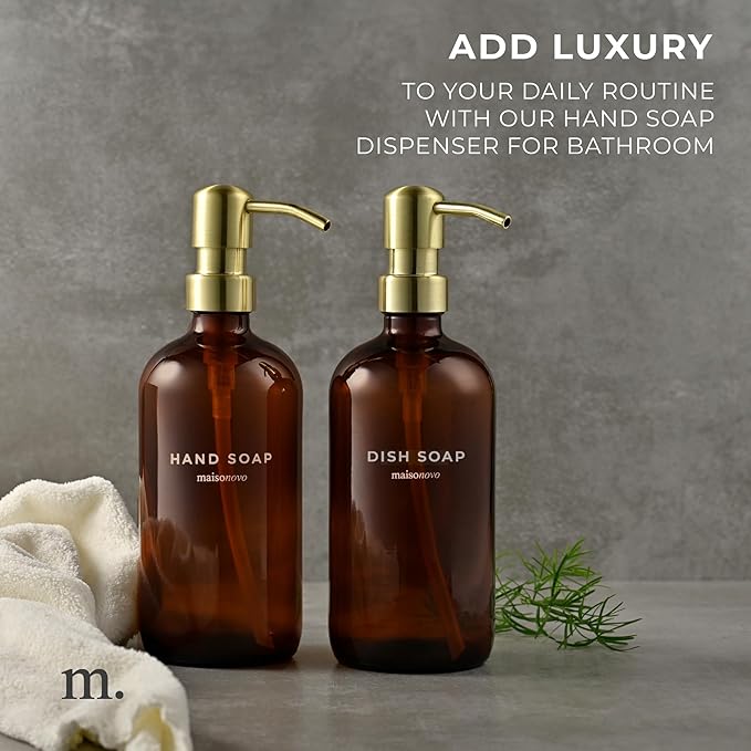MaisoNovo Soap Dispenser 2-Piece Set | 16.9oz Amber Bottles with Gold Stainless Steel Pump Core