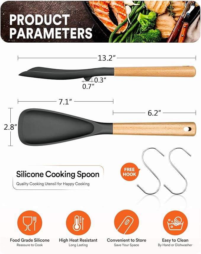 Cooking Spoon for Nonstick Cookwares, Great for Cooking and Serving Sturdy BPA-Free Matte Silicone, Wood Handle Spoon for Mixing, Scoop, and Scrape (2 Pack of Grey, 13.4 inch) - Image 2