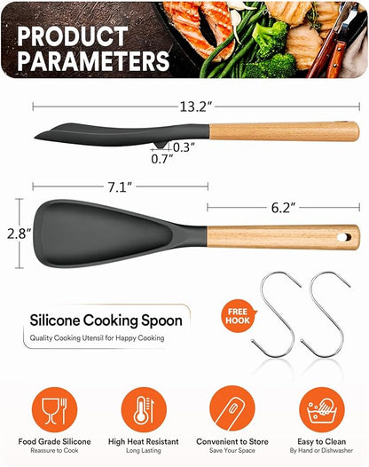 Cooking Spoon for Nonstick Cookwares, Great for Cooking and Serving Sturdy BPA-Free Matte Silicone, Wood Handle Spoon for Mixing, Scoop, and Scrape (2 Pack of Grey, 13.4 inch) - Image 2