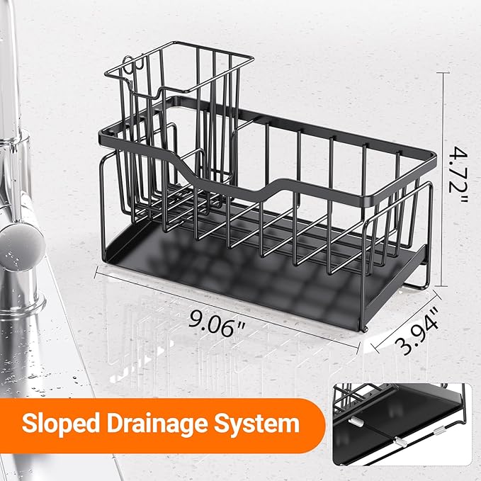 StorageRight Kitchen Sink Caddy Organizer, Rustproof Sponge Holder for Kitchen Sink, Instant Dry High Brush Holders with Drain Tray, Anti-Slip Storage Organization Essentials, Black - Image 5