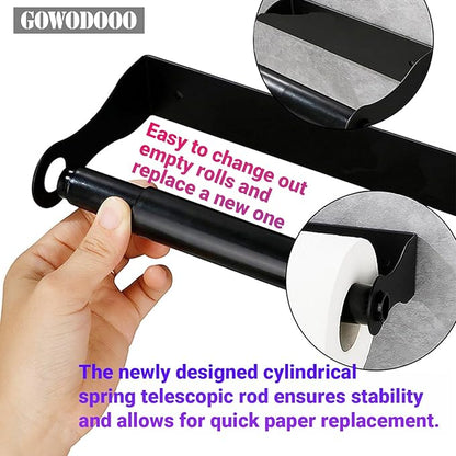 Paper Towel Holder Under Cabinet,Black Stainless Steel Under Counter Wall Mount,Paper Towel Holder,Waterproof and Rustproof Self-Adhesive Kitchen Roll Rack for Kitchen/Living Room/Bathroom
