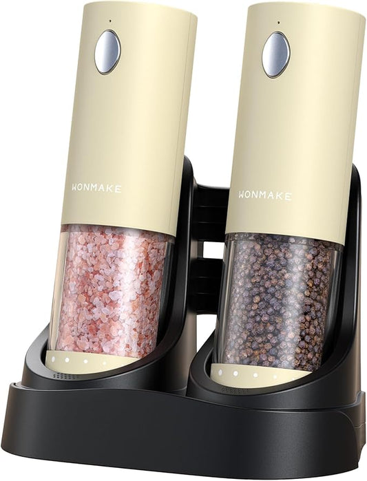 Electric Salt and Pepper Grinder Set - Automatic Refillable Salt and Pepper Grinders with Charging Base & LED Light, 6-Level Adjustable Coarseness with External Dial, Ideal Kitchen Gadget，Beige by WONMAKE