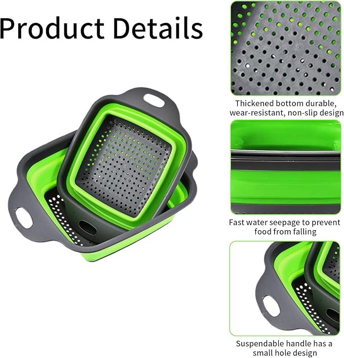 2 PCS Collapsible Colander, Collapsible Strainers for Kitchen, 11.5 inch Silicone Strainer and 9.5 inch Silicone Colander for Draining Vegetable fruit, Kitchen Food Strainer, Blue (Green) - Image 7