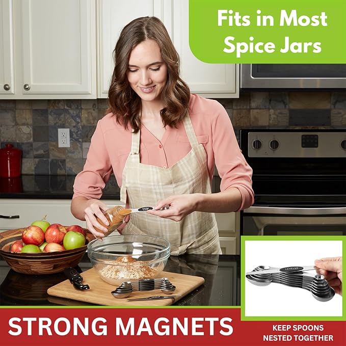 Spring Chef Stainless Steel Magnetic Measuring Spoons Set with Strong N45 Magnets, Heavy Duty Metal Kitchen Gadgets for Baking & Cooking, Fits in Most Kitchen Spice Jars, Set of 8 with Leveler, Black - Image 2
