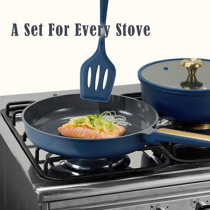 CAROTE Ceramic Cookwar Set, Pots and Pan Set Non Stick 16 Piece, Cookware Set Kitchen Cooking Set Non Toxic, PFAS PTFE Free, Blue - Image 6