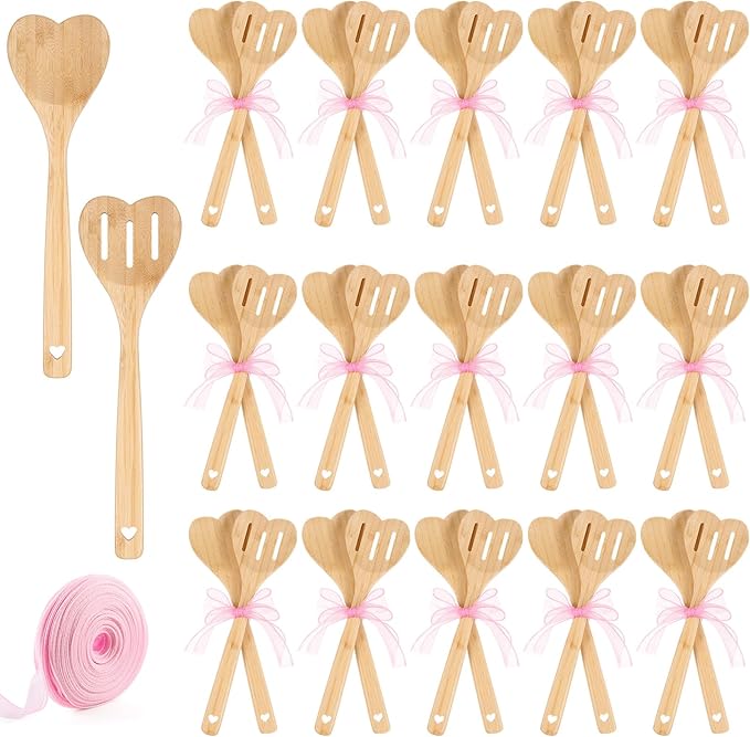 Reallnaive 24 Pcs Bamboo Spatula Wooden Kitchen Utensil Bulk 12''wood Spoon Spatula for Cooking with Ribbon Bridal Baby Shower Game Prize Wedding Party Favors Housewarming Gift (Heart Style)