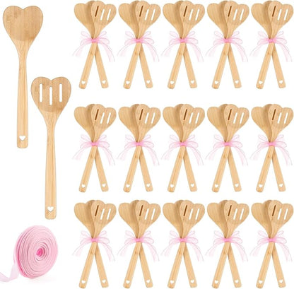 Reallnaive 24 Pcs Bamboo Spatula Wooden Kitchen Utensil Bulk 12''wood Spoon Spatula for Cooking with Ribbon Bridal Baby Shower Game Prize Wedding Party Favors Housewarming Gift (Heart Style)