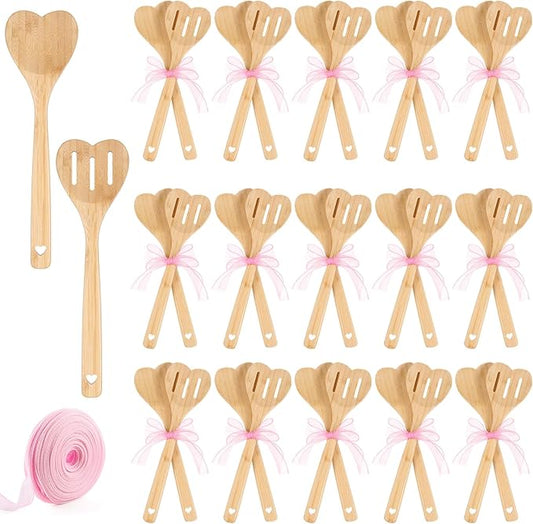 Reallnaive 24 Pcs Bamboo Spatula Wooden Kitchen Utensil Bulk 12''wood Spoon Spatula for Cooking with Ribbon Bridal Baby Shower Game Prize Wedding Party Favors Housewarming Gift (Heart Style)