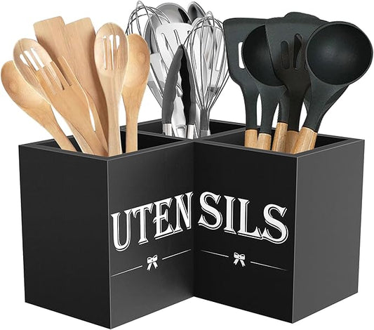Suli Extra Large Kitchen Utensils Holder with 3 Compartments,Corner Utensil Caddy for Countertop,Wooden Utensil Organizer for Kitchen Countertop, Farmhouse Decor- Black by Suli