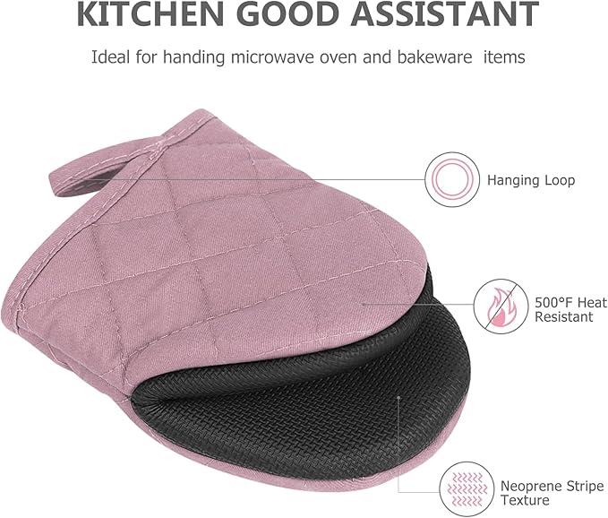 1 Pair Short Oven Mitts - Silicone Kitchen Oven Gloves High Heat Resistant 500℉, Mini Oven Mits with Non-Slip Grip Surfaces and Hanging Loop for BBQ, Baking, Cooking and Grilling (Pink) - Image 3