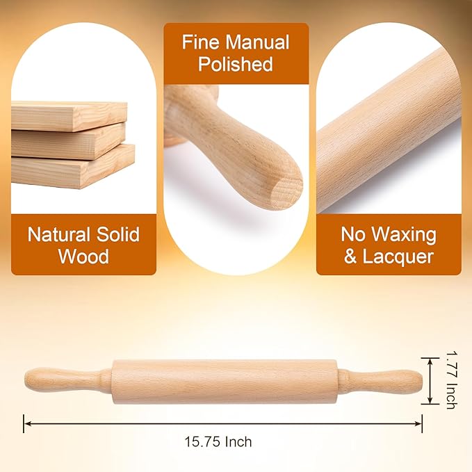 AISOSO Rolling Pins for Baking, 15.75 Inches Wooden Rolling Pin with Handles, Classic Nonstick Dough Roller for Fondant Pizza Pie Crust Cookie Pastry, Kitchen Baking Essentials, Light Yellow - Image 2