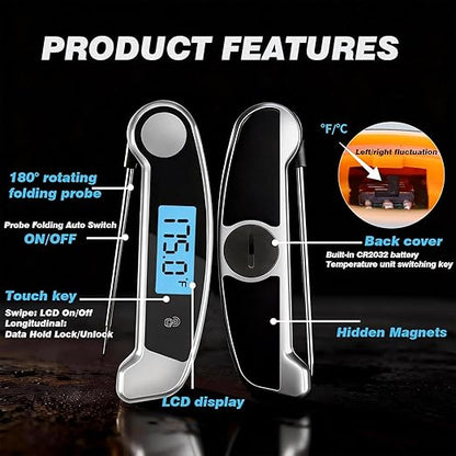 Meat Thermometer Digital Waterproof Instant Read Thermometer for Cooking ℃/℉ Convertible, Food Thermometer with Backlight, Cooking Thermometer for Kitchen Auto-Rotating Display Grey