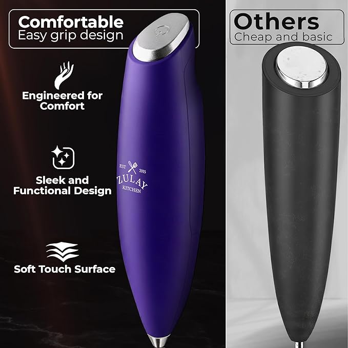 Zulay Kitchen Patented Tornado Triple Whisk Milk Frother with 4 Duracell Batteries – Handheld Foam Maker for Coffee, Lattes, Matcha & Hot Chocolate – Rich, Creamy Froth in Seconds - Purple - Image 4