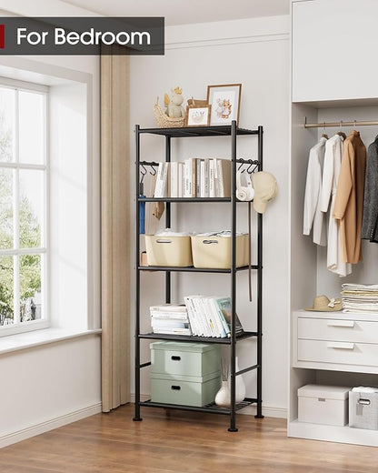 Sakugi Storage Shelves - 5-Tier Large Capacity Shelf Organizer with Hooks, Heavy-Duty Garage Shelving with Leveling Feet, Wobble-Free Rack for Bedroom, Balcony, Garage, 18.1"×12.4"×56.8", Black - Image 2