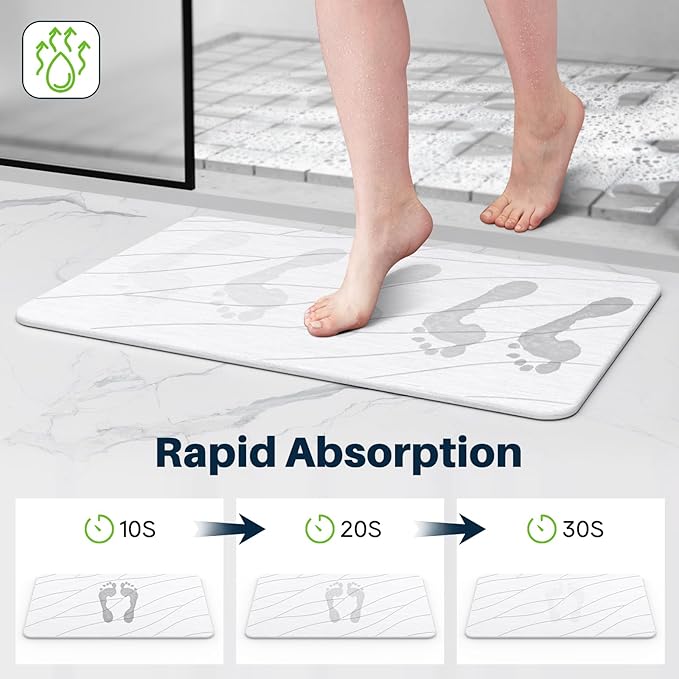 Closefriend Diatomaceous Earth Stone Bath Mat, Quick Dry Non-Slip Super Absorbent Diatomite Stone Mats for Bathroom (White 1 Pack)