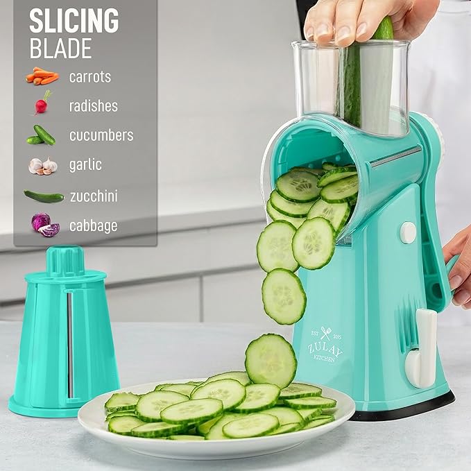Zulay Kitchen Rotary Cheese Grater 5 Blade Cheese Shredder - Manual Hand Crank Cheese Grater With Reinforced Suction & 5 Interchangeable Drums - Easy to Use, Vegetable Chopper Round Mandoline Slicer - Image 5