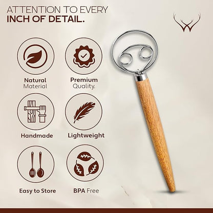 WOODLANDS USA Danish Dough Whisk for sourdough 13 Inch - 304 Stainless Steel Hook with Long Wooden Handle – Essential bread whisk, artisan mixing & bread making