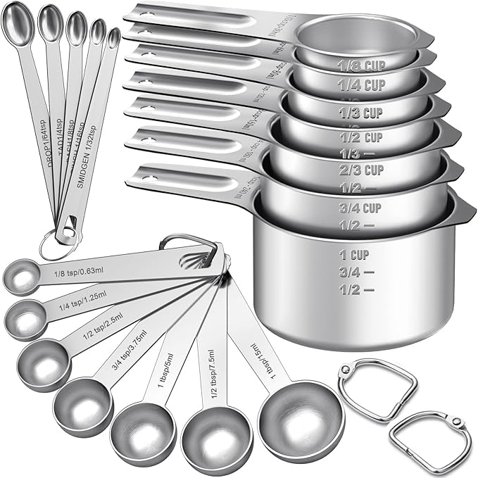 EWFEN Measuring Cups and Spoons Set, 7 Stainless Steel Nesting Measuring Cups & 7 Spoons, 5 Mini Measuring Spoons & 2 Detachable Rings, Kitchen Gadgets for Cooking & Baking, Round by EWFEN