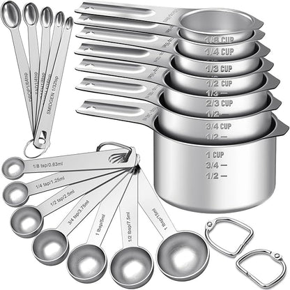 EWFEN Measuring Cups and Spoons Set, 7 Stainless Steel Nesting Measuring Cups & 7 Spoons, 5 Mini Measuring Spoons & 2 Detachable Rings, Kitchen Gadgets for Cooking & Baking, Round by EWFEN