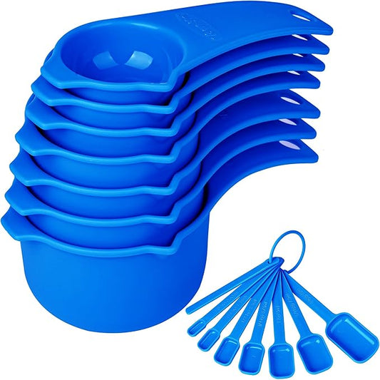 Plastic Measuring Cups and Spoons Set 15, Blue Dry & Liquid Measuring Cups and Spoons, Metric & US 7 Measure Cups & 7 Measure Spoons for Kitchen & Baking