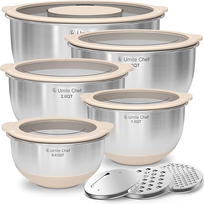 Mixing Bowles Set with Lids Set - Warp-Proof TPR-AS Lids, Stainless Steel Mixing Bowl with 3 Graters & Measuring Lines, Non-Slip Bowls for Baking, Prep, Airtight Food Storage (Khaki 5/3/2/1.5/0.63QT) by UmiteChef