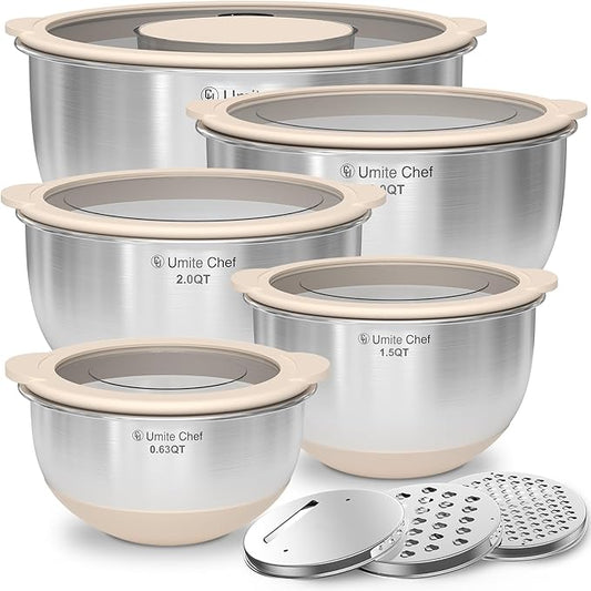 Mixing Bowles Set with Lids Set - Warp-Proof TPR-AS Lids, Stainless Steel Mixing Bowl with 3 Graters & Measuring Lines, Non-Slip Bowls for Baking, Prep, Airtight Food Storage (Khaki 5/3/2/1.5/0.63QT) by UmiteChef