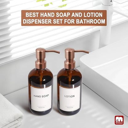 GMISUN Amber Glass Soap Dispenser, 2 Pack Bathroom Hand Soap Dispensers with Rose Gold Pump, 17 Fl Oz Kitchen Hand and Dish Soap Dispenser Set, Modern Vintage Liquid Brown Soap Dispensers Bottle - Image 5