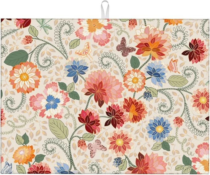 Mandala Flowers Dish Drying Mat 18x24 Inch, Microfiber Absorbent Fast Dry Mat Colorful Floral Large Dish Mat Drying Kitchen Mat, Kitchen Drying Pad for Kitchen Counter Coffee Bar Decor Gifts