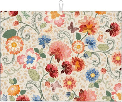 Mandala Flowers Dish Drying Mat 18x24 Inch, Microfiber Absorbent Fast Dry Mat Colorful Floral Large Dish Mat Drying Kitchen Mat, Kitchen Drying Pad for Kitchen Counter Coffee Bar Decor Gifts