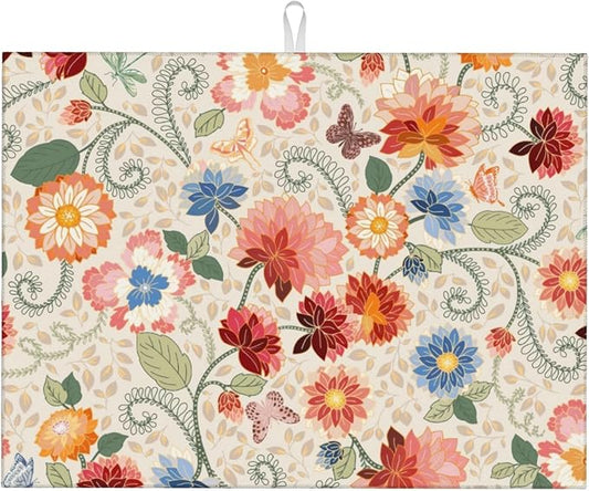 Mandala Flowers Dish Drying Mat 18x24 Inch, Microfiber Absorbent Fast Dry Mat Colorful Floral Large Dish Mat Drying Kitchen Mat, Kitchen Drying Pad for Kitchen Counter Coffee Bar Decor Gifts