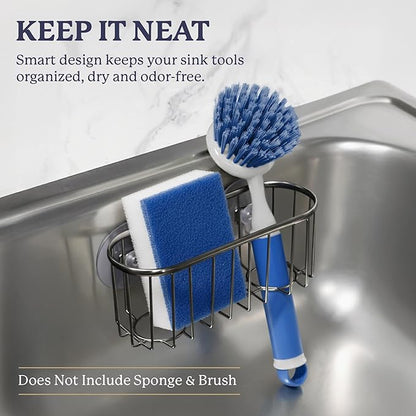 Best Brands Farberware Sponge Holder for Kitchen Sink—Brushed Metal Sink Caddy Organizer with Triple Suction Cups, Kitchen Organizer for Sponges, Brushes, Soap & Cleaning Essentials