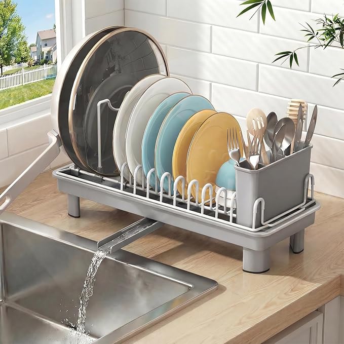 Dish Rack, Carbon Steel Small Dish Drying Rack Rustproof for Kitchen Counter, Compact Space-Saving Dish Drainer with Adjustable Slots for Small Kitchens & Apartments, 16.5×6.5×7inch, Grey by Nfnoyp