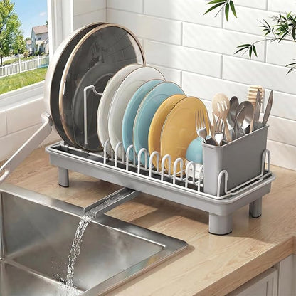 Dish Rack, Carbon Steel Small Dish Drying Rack Rustproof for Kitchen Counter, Compact Space-Saving Dish Drainer with Adjustable Slots for Small Kitchens & Apartments, 16.5×6.5×7inch, Grey by Nfnoyp