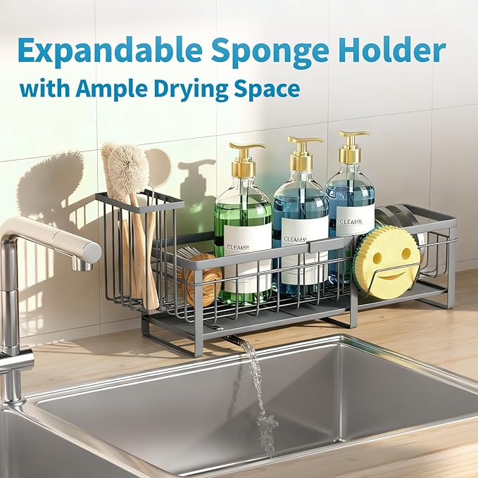 Aurblozen Extra Large Extendable Sponge Holder for Kitchen Sink, Rustproof Sink Caddy Organizer with High Brush Holder, Dish Soap Dispenser Organizers and Storage (Gray) - Image 5