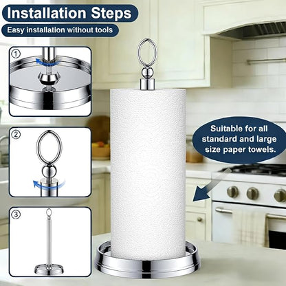 KASUNTO Paper Towel Holder (with Heavy Weighted Base) Steel Paper Holder countertop，Black Paper Towel Holder for Kitchen Countertops, Bars & Dining Tables,Fits Standard & Jumbo Rolls,Chrome