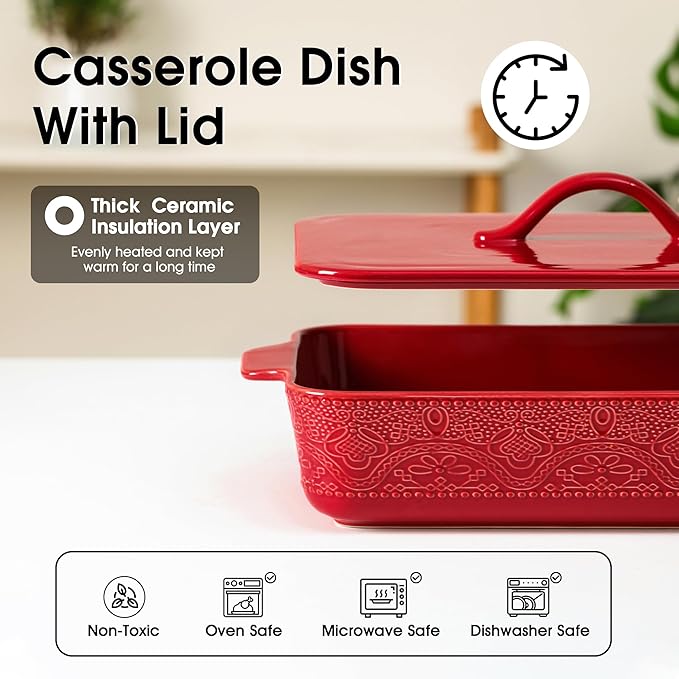 Casserole Dish with Lid, Ceramic 9x13 Casserole Dish for Oven, Rectangular Bakeware, Large Baking Dish with Handles for Holiday Cooking, Roasting, Baking, Oven & Microwave Safe (Red) - Image 5
