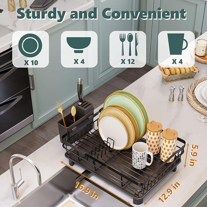 AIDERLY Iron Dish Drying Rack with Drainboard Dish Drainers for Kitchen Counter Extendable Spout Strainers with Utensil Holder and Knife Slots, Black - Image 7