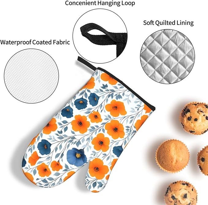 Spring Orange Blue Floral Oven Mitts and Pot Holders Sets of 3, Heat Resistant Non-Slip Burnt Orange Navy Flowers Kitchen Gloves Hot Pads for Cooking BBQ Grilling, Chef Baking Gifts for Women Baker - Image 6