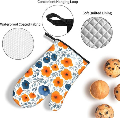 Spring Orange Blue Floral Oven Mitts and Pot Holders Sets of 3, Heat Resistant Non-Slip Burnt Orange Navy Flowers Kitchen Gloves Hot Pads for Cooking BBQ Grilling, Chef Baking Gifts for Women Baker - Image 6