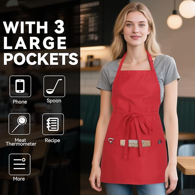NLUS Kitchen Cooking Apron with 3 Pockets, Adjustable Bib Apron Chef Aprons for Women Men
