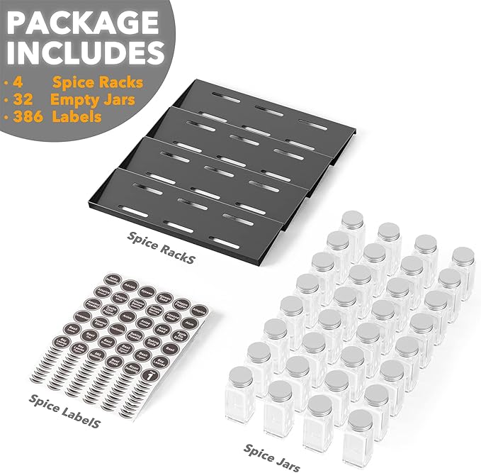 SpaceAid Spice Drawer Organizer with 32 Spice Jars, 386 Spice Labels, 4 Tier Seasoning Rack Tray Insert for Kitchen Drawers, 15" Wide x 17.5" Deep - Image 6