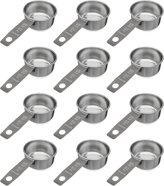 1/3 Cup Stainless Steel Measuring Cup | Sturdy Metal 80 ml | 80 cc | 3 oz | Single Cup for Wet and Dry Ingredients | Great for use as 1/3 Cup Dog Food Scoop - 12 PK by Knupp+Co.