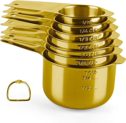 7 Pcs Gold Measuring Cups Stainless Steel, Nesting Metal Measuring Cups with Markings & Ring, Stackable Measure Cups Spoons Set for Cooking Baking Supplies, Kitchen Utensils for Dry Liquid Ingredients by BIDFUL