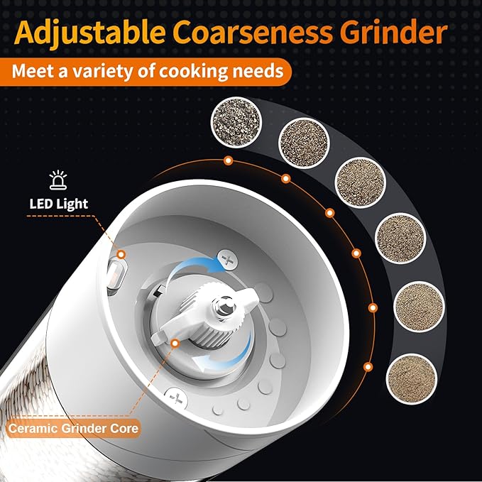 2Pack Electric Salt and Pepper Grinder Set USB Rechargeable with Warm LED Light, Adjustable Coarseness Lidaop Large Capacity Automatic Salt Pepper Mill Grinder for Kitchen, Restaurant, Outdoor, White - Image 3