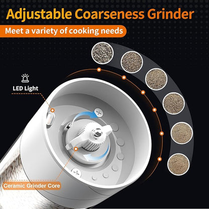 2Pack Electric Salt and Pepper Grinder Set USB Rechargeable with Warm LED Light, Adjustable Coarseness Lidaop Large Capacity Automatic Salt Pepper Mill Grinder for Kitchen, Restaurant, Outdoor, White - Image 3