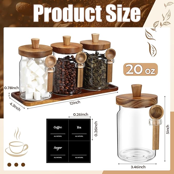 Suclain 3 Pcs Glass Coffee Container with Wooden Lid Spoon Shelf Labels Clear Airtight Jar Food Storage Canister Set for Sugar Spice Coffee Bean Holder Housewarming Gift(20 oz,Acacia Brown) - Image 2