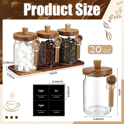 Suclain 3 Pcs Glass Coffee Container with Wooden Lid Spoon Shelf Labels Clear Airtight Jar Food Storage Canister Set for Sugar Spice Coffee Bean Holder Housewarming Gift(20 oz,Acacia Brown) - Image 2