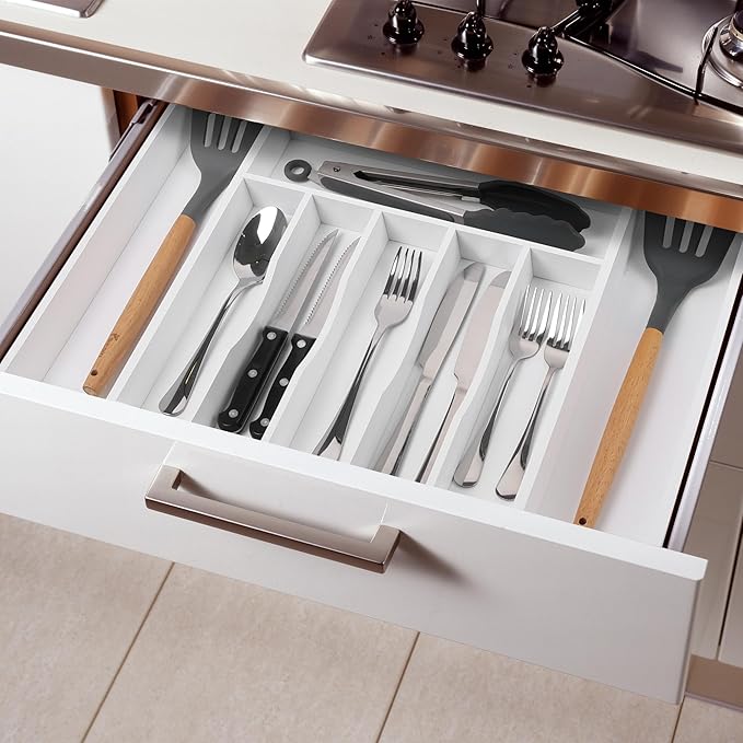Large Premium Bamboo Silverware Organizer - Expandable Drawer Organizer & Utensil Organizer - 17"x19.7" Cutlery Tray with Dividers for Kitchen Utensils and Flatware (7-9 Slots) (White) - Image 7