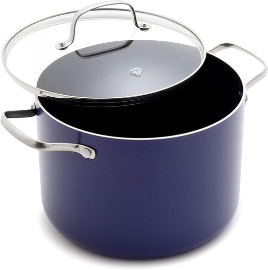 Blue Diamond 8QT Nonstick Stockpot with Glass Lid, PFAS-Free Ceramic, Multipurpose Cooking, Sauces & Soups, Pasta, Boiling & Canning Pot, Dishwasher & Oven Safe, Stainless Steel Handles, Navy by BlueDiamondCookware